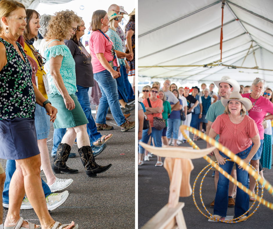 People dancing and participating in activities under a large tent.