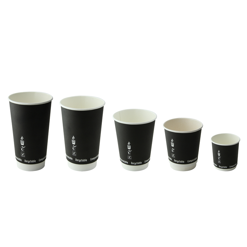 Several sizes of black coffee cups