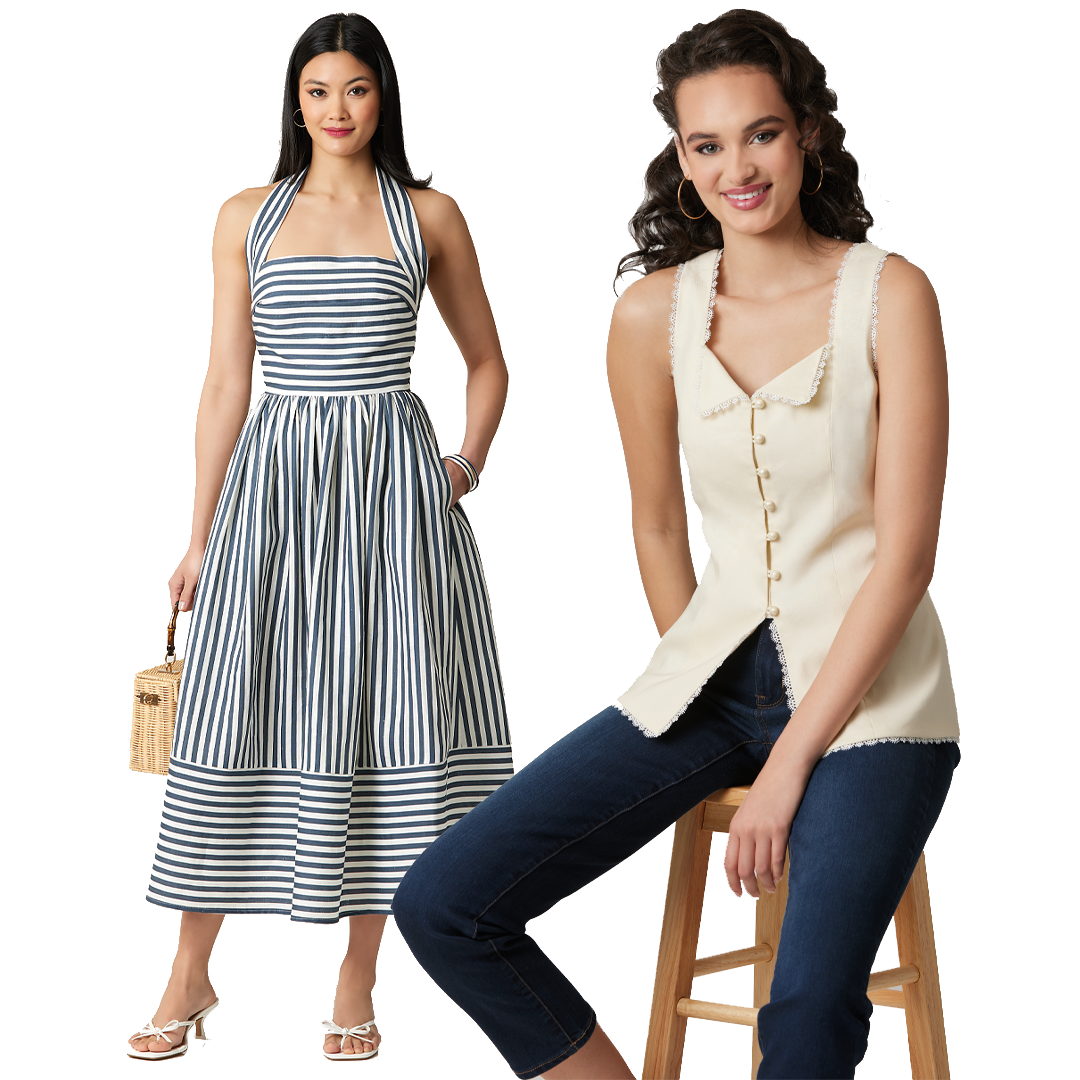 Two women modeling fashion outfits, one in a dress and one in a top.