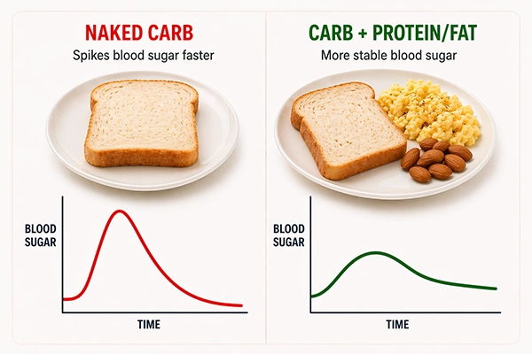 Comparison of blood sugar response: carbs alone vs. carbs with protein/fat.