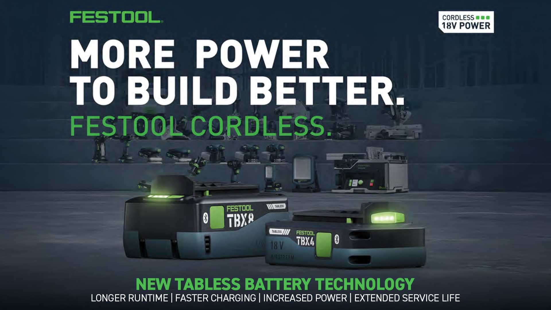 Festool cordless tools with tagline about power and new battery technology.