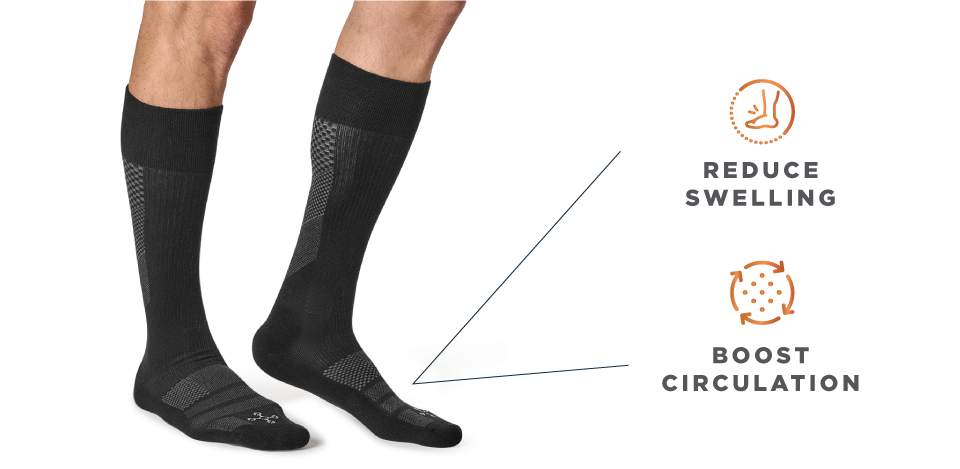 Black Tommie Copper compression socks with the icons: reduce swlling and boost circulation