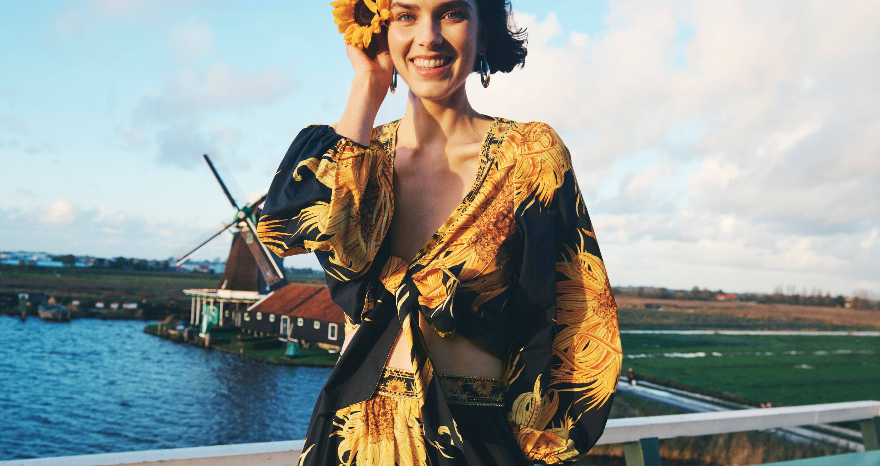 CAMILLA MODEL WEARING SUNFLOWER PRINT MAKE ME YOUR MASTERPIECE