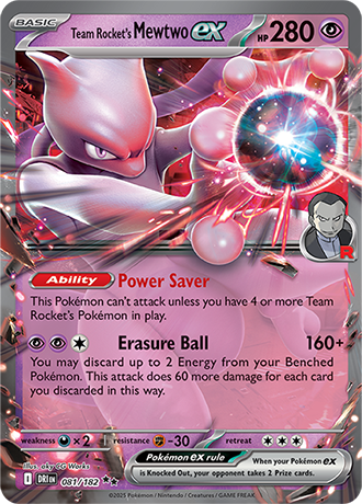 Team Rocket's Mewtwo EX card with abilities and attack details.