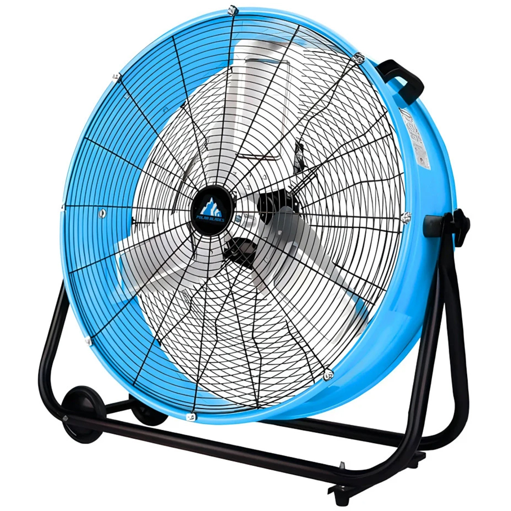 Blue industrial fan on a black stand, with a wire mesh front.