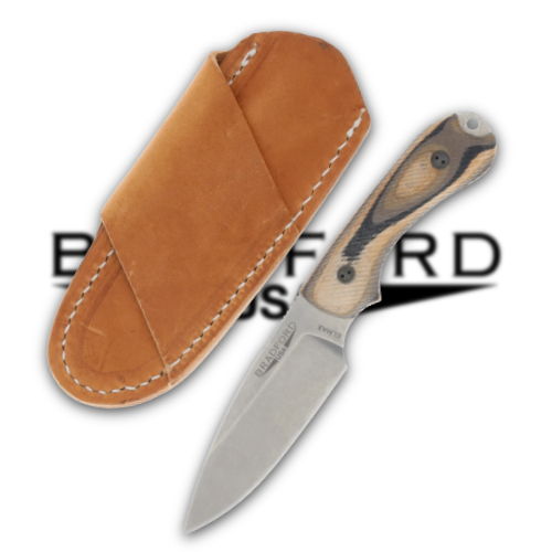 Knife with a leather sheath and branded background.