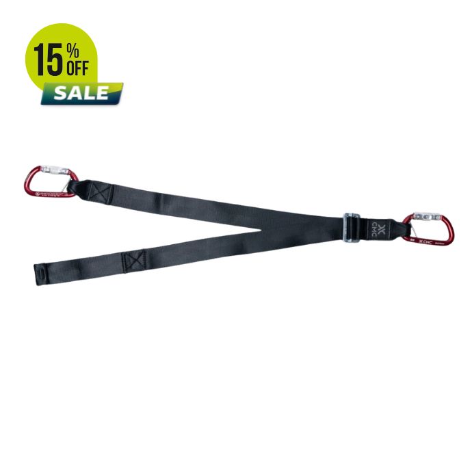 Black strap with carabiners, marked with a 15% off sale sign.