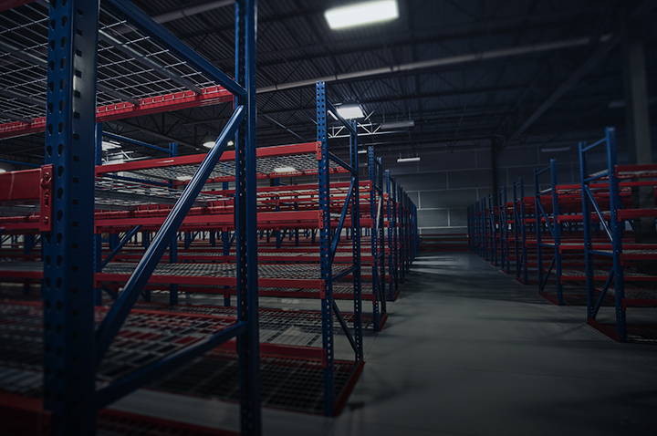 rows of new blue and orange pallet racking