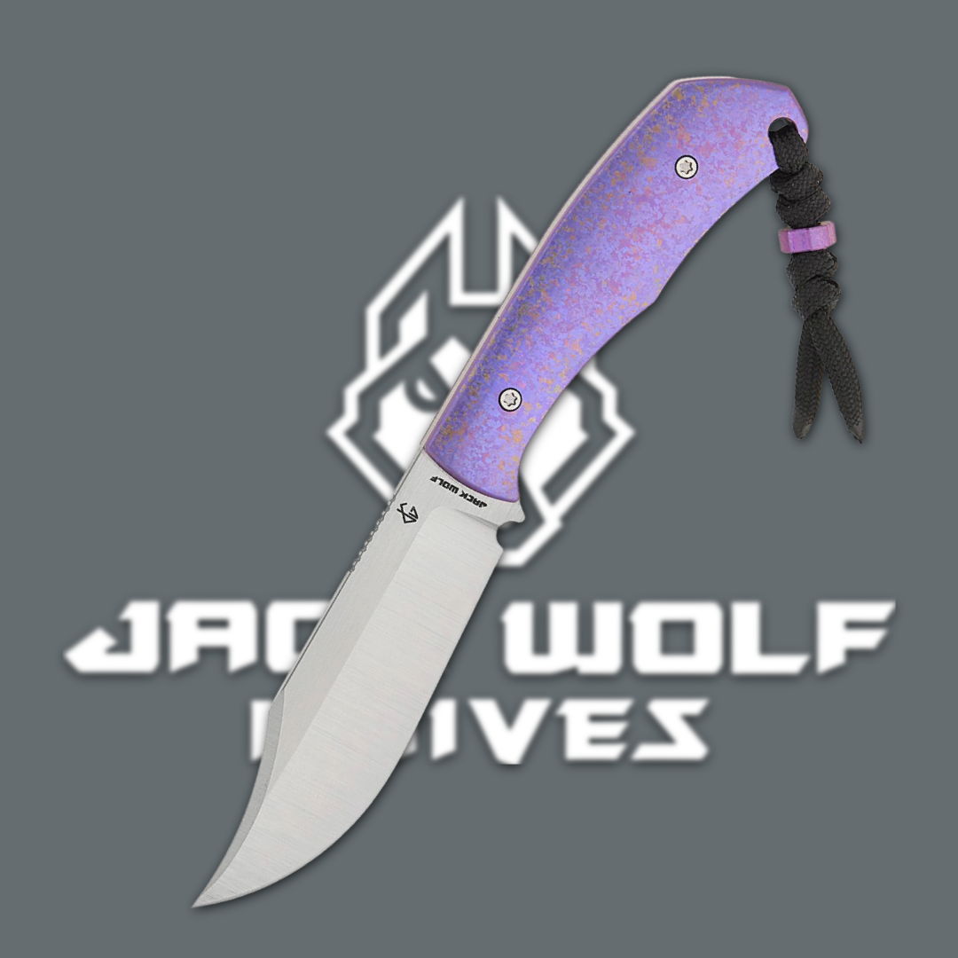 Folding knife with a purple handle against a gray background.