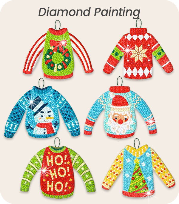 Colorful holiday-themed sweaters in a diamond painting style.
