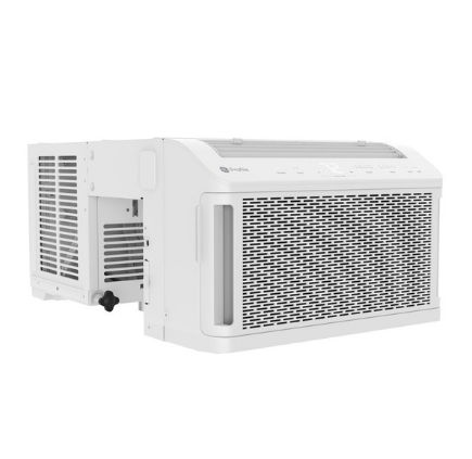 A white window air conditioning unit with a mesh front.
