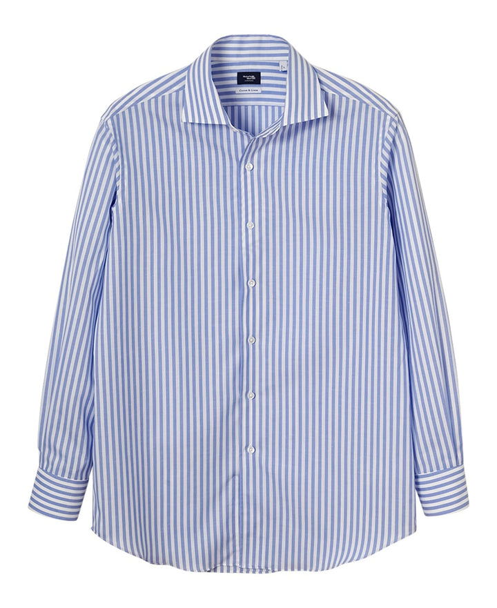 Blue and white striped long-sleeve dress shirt, button-up style.