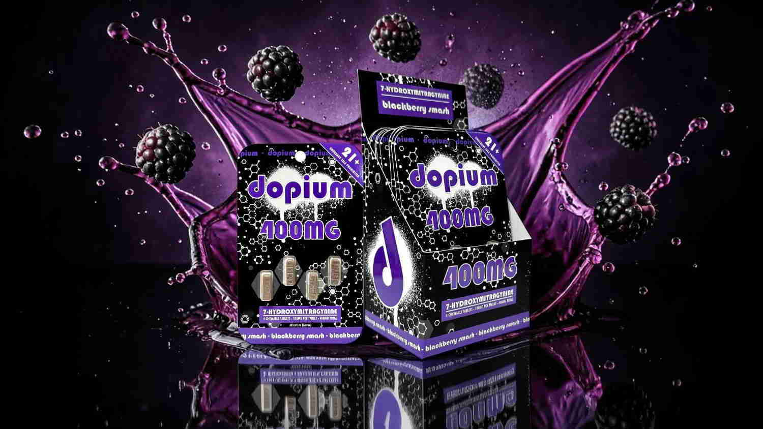 Two packages of Opium product against a purple background with abstract elements.