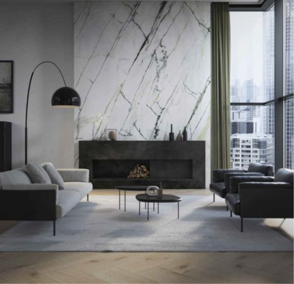Modern living room with natural stone and tiles.