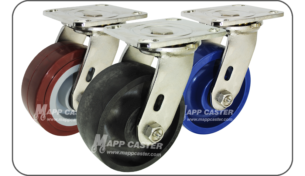 Stainless steel plate casters made to resist water & rust. Designed for wet environments. Long lasting & durable. 