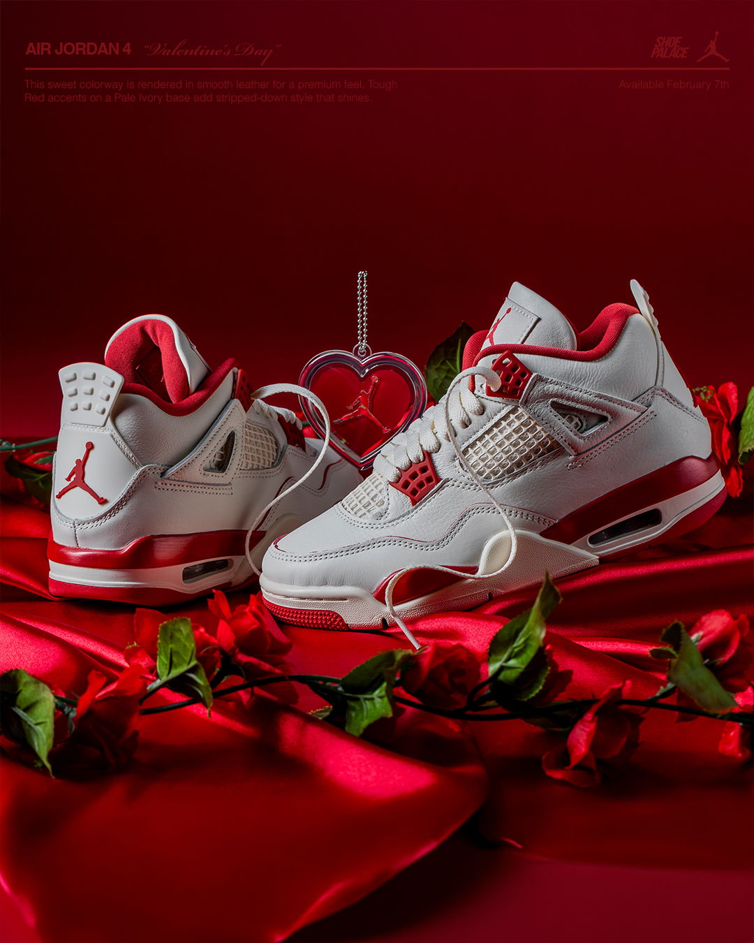 Air Jordan 4 - White and red Jordan sneakers on rose petals against a red background.