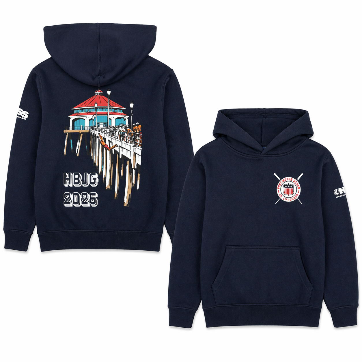 front and back of blue sweatshirt with image of HB pier on it with white background