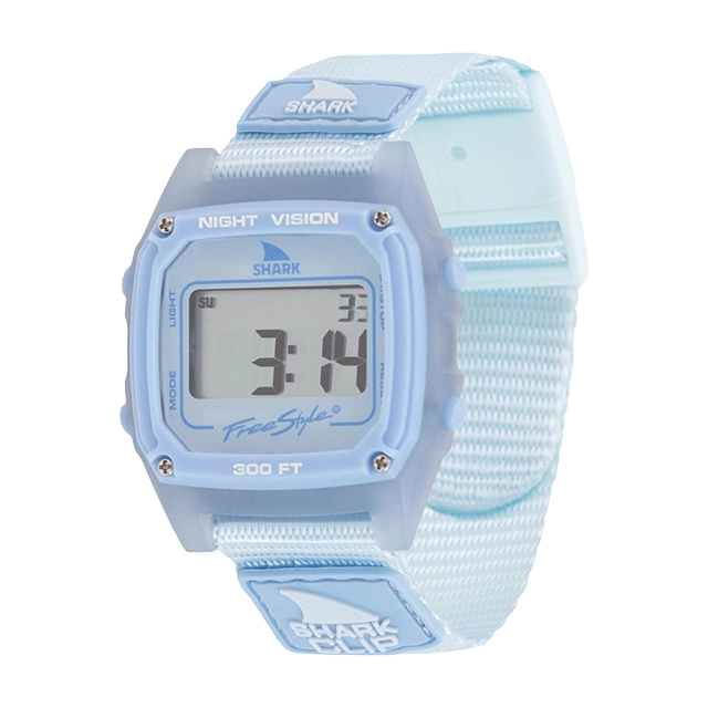 Digital watch with a light blue strap and face displaying time.