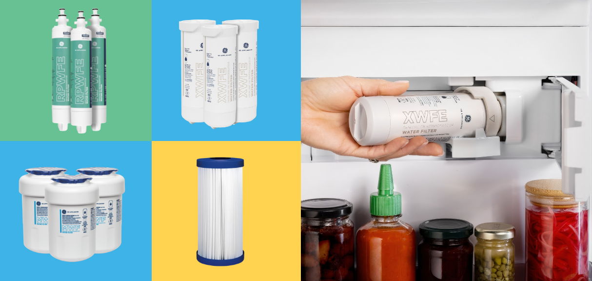 Various water filter components and installation process displayed in a refrigerator setting.