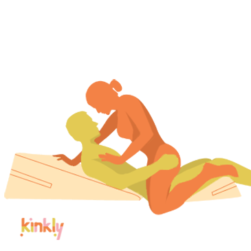 Illustration of a sex position involving the Liberator Wedge/Ramp Combo. The penetrating partner is laying flat while a Liberator Ramp is propping up their upper body while a Liberator Wedge props up their knees. The receiving partner is on their lap as they embrace. 