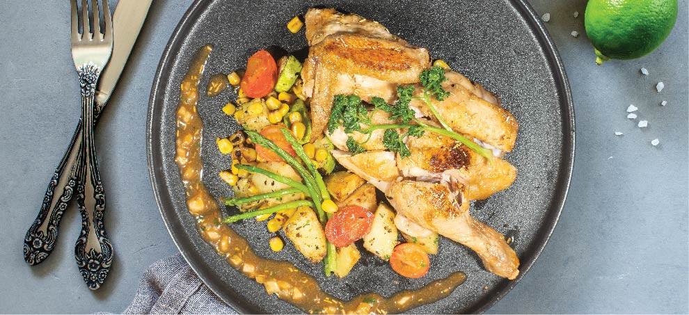 Macanese Style African Plant-Based Chicken with seasonal vegetables and baked potato with mix herbs