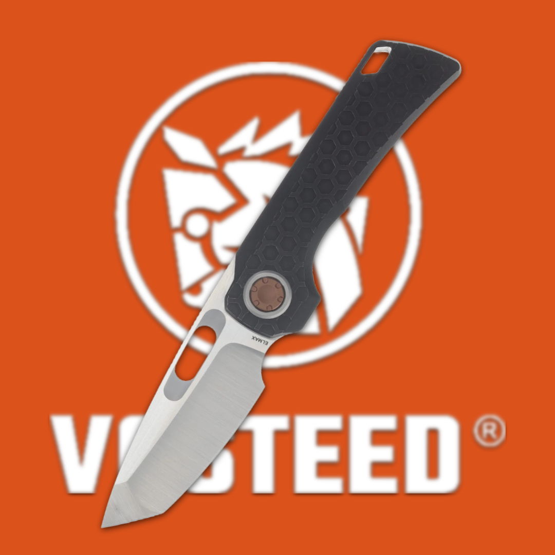 A folding knife displayed over a logo on an orange background.