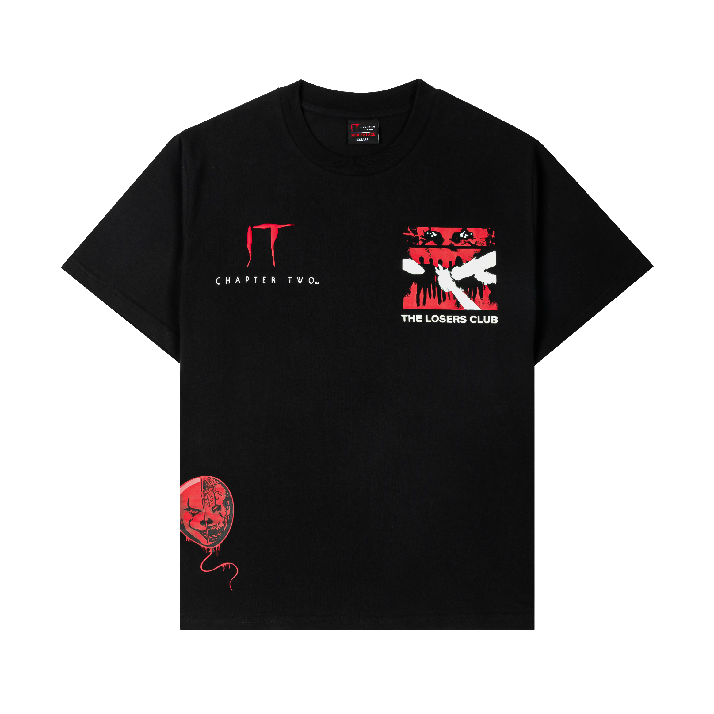 Black t-shirt featuring graphic design and a red balloon.