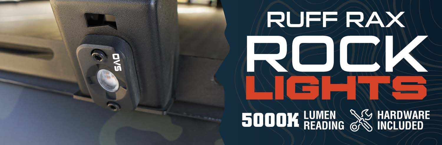 Ruff Rax Rock Lights advertisement with specifications and hardware included.