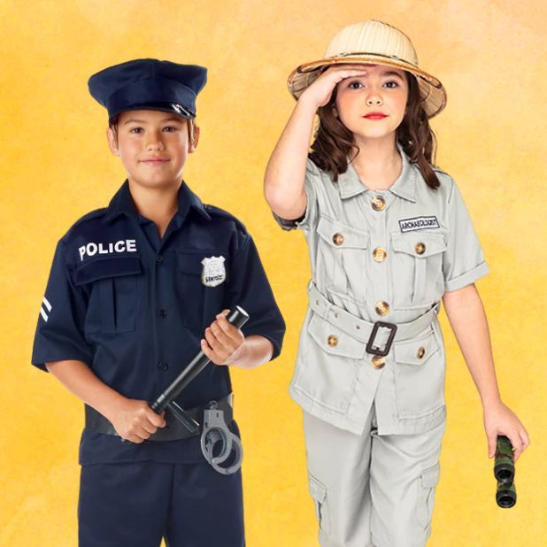 A yellow background with two when I grow up costumes. A safari girl and police boy. Click to shop all when I grow up Book Week Costumes.