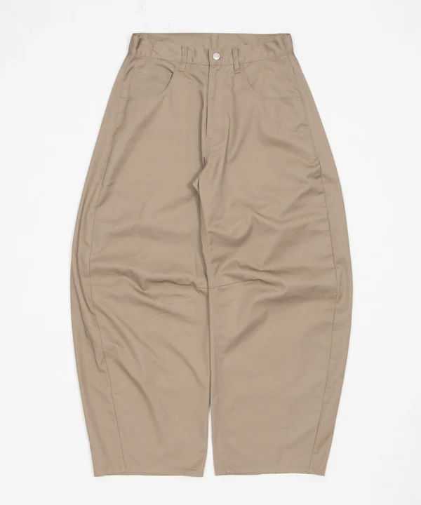 Beige wide-leg pants laid flat on a white background.