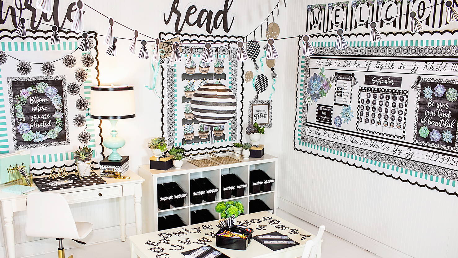Classroom decorated with Black and White  Simply Stylish Classroom  Décor Theme