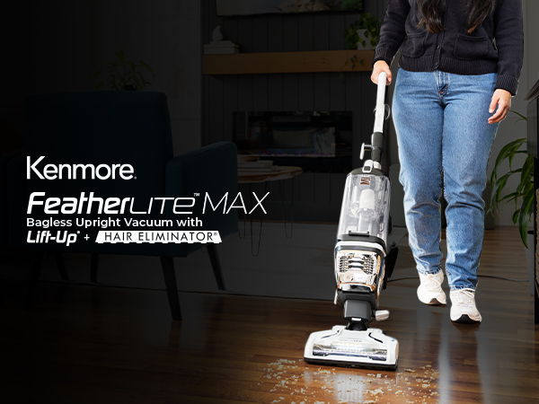 Person using a Kenmore Feather Lite MAX vacuum on wooden floor.