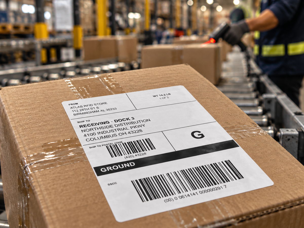 A 4×6 shipping label on a carton on a warehouse conveyor.