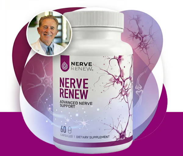 Bottle of Nerve Renew supplement with a person's photo in the corner.