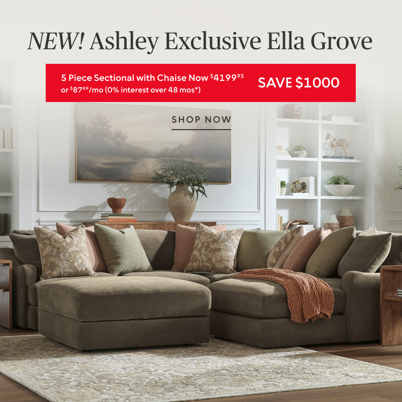 Save $1000​ on the New Ashley Exclusive Ella Grove 5 Piece Sectional with Chaise