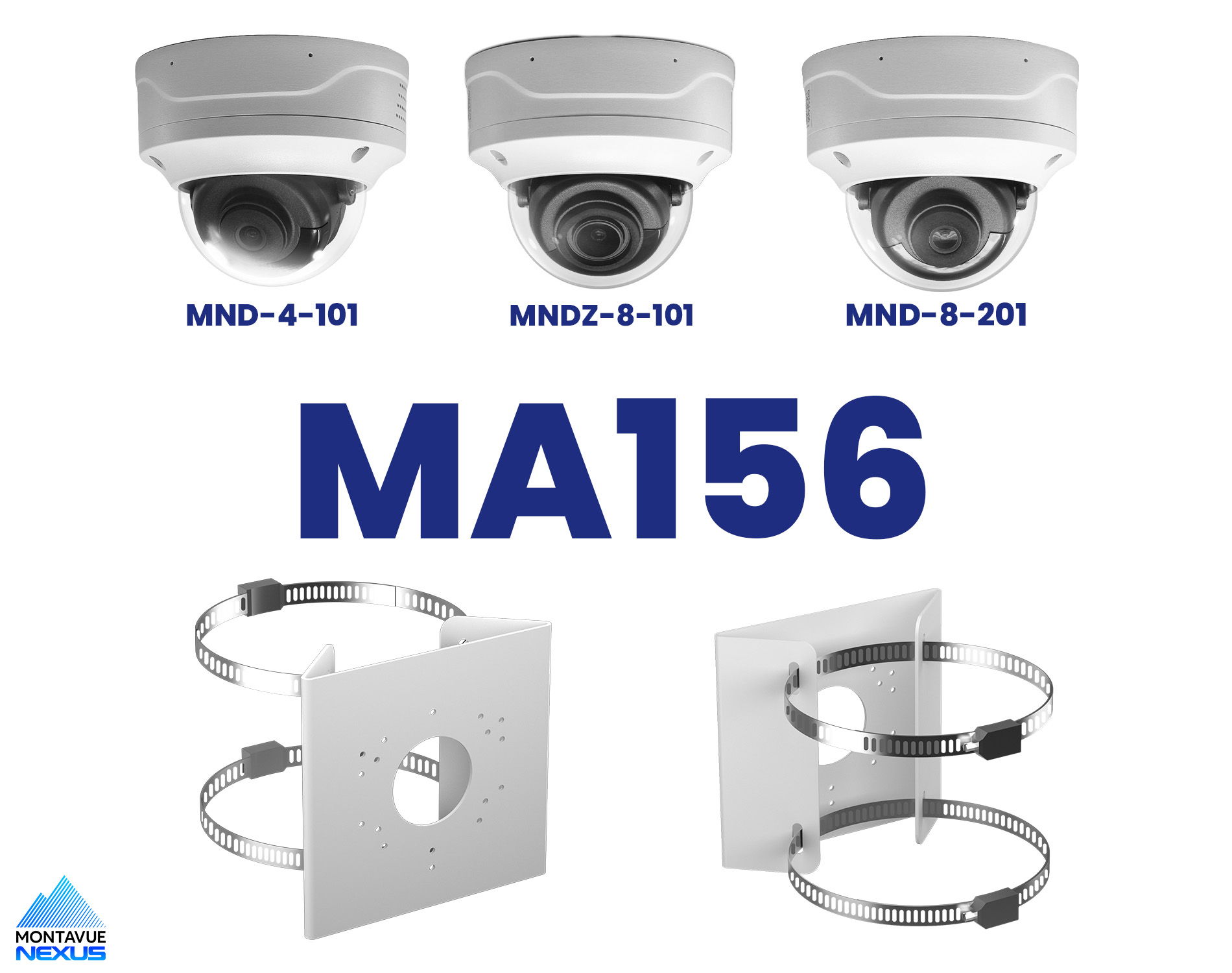 Three security cameras and mounting accessories labeled MA156.