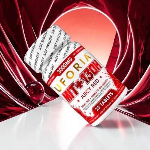 Bottle of Uforia supplement with red packaging and tablet count.