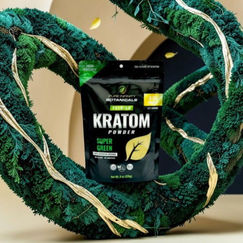 Kratom powder package displayed amidst green decorative elements.