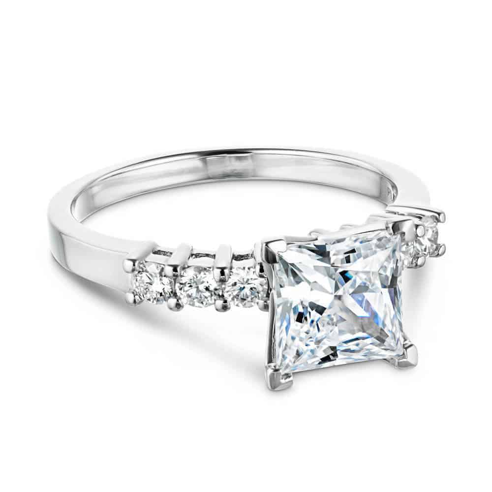 Beautiful 1ct princess cut lab grown diamond engagement ring with diamond accented band in white gold