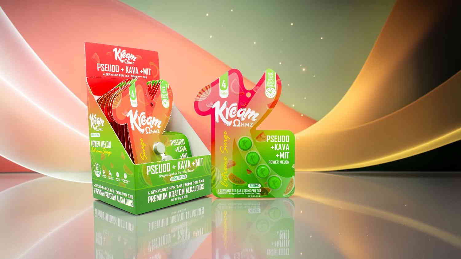 Two colorful snack packages on a reflective surface with a gradient background.