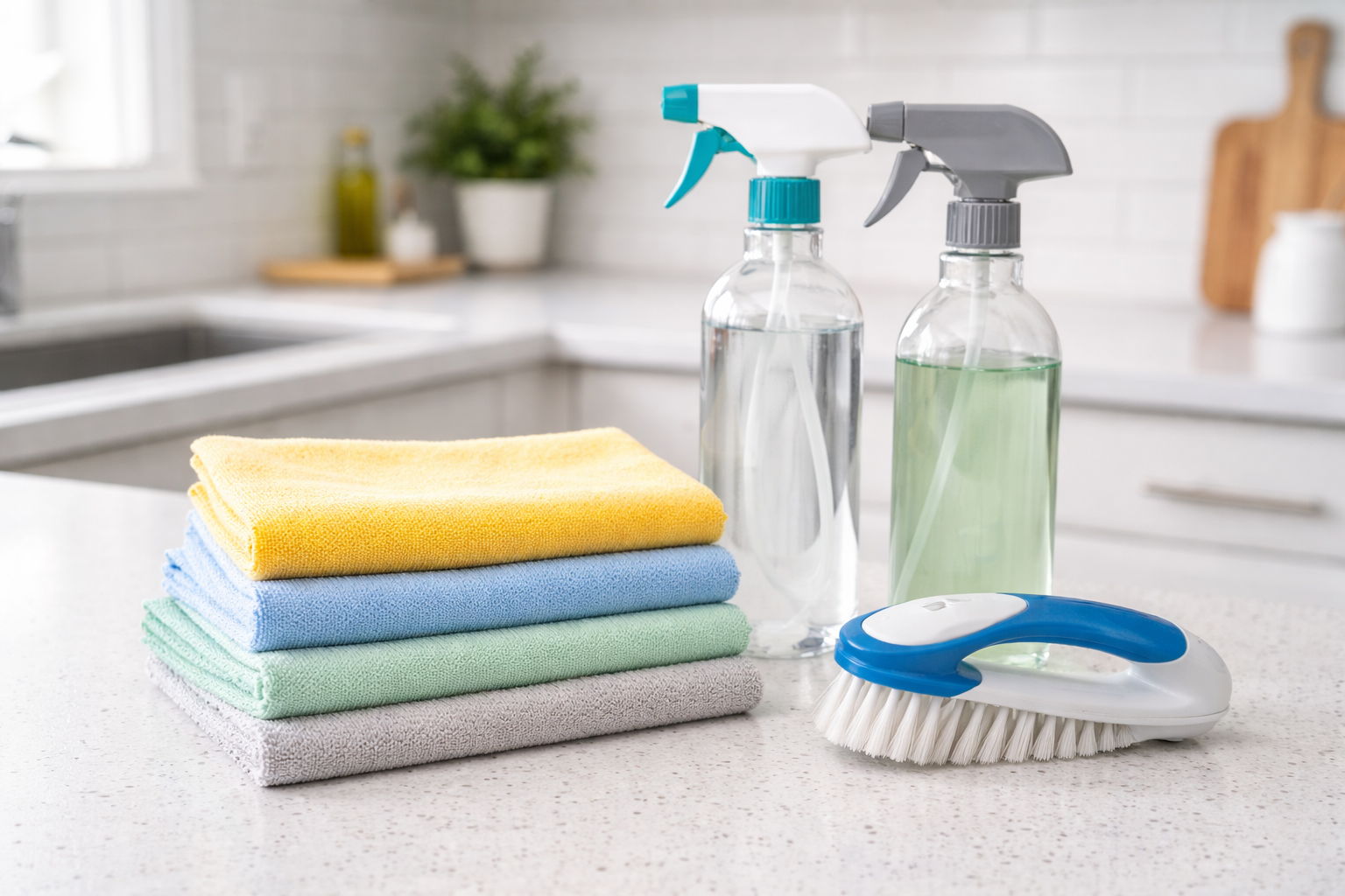 Bottles of cleaning supplies next to colorful cleaning cloths and a brush.