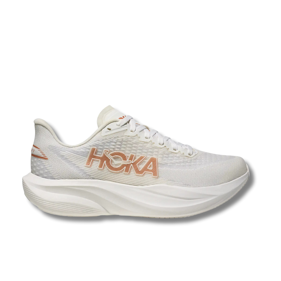 White running shoe with orange accents and HOKA branding.