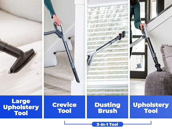 Vacuum cleaning tools: large upholstery, crevice, dusting brush, upholstery tool.