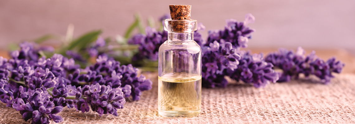 Bottle of lavender essential oil surrounded by lavender flowers.