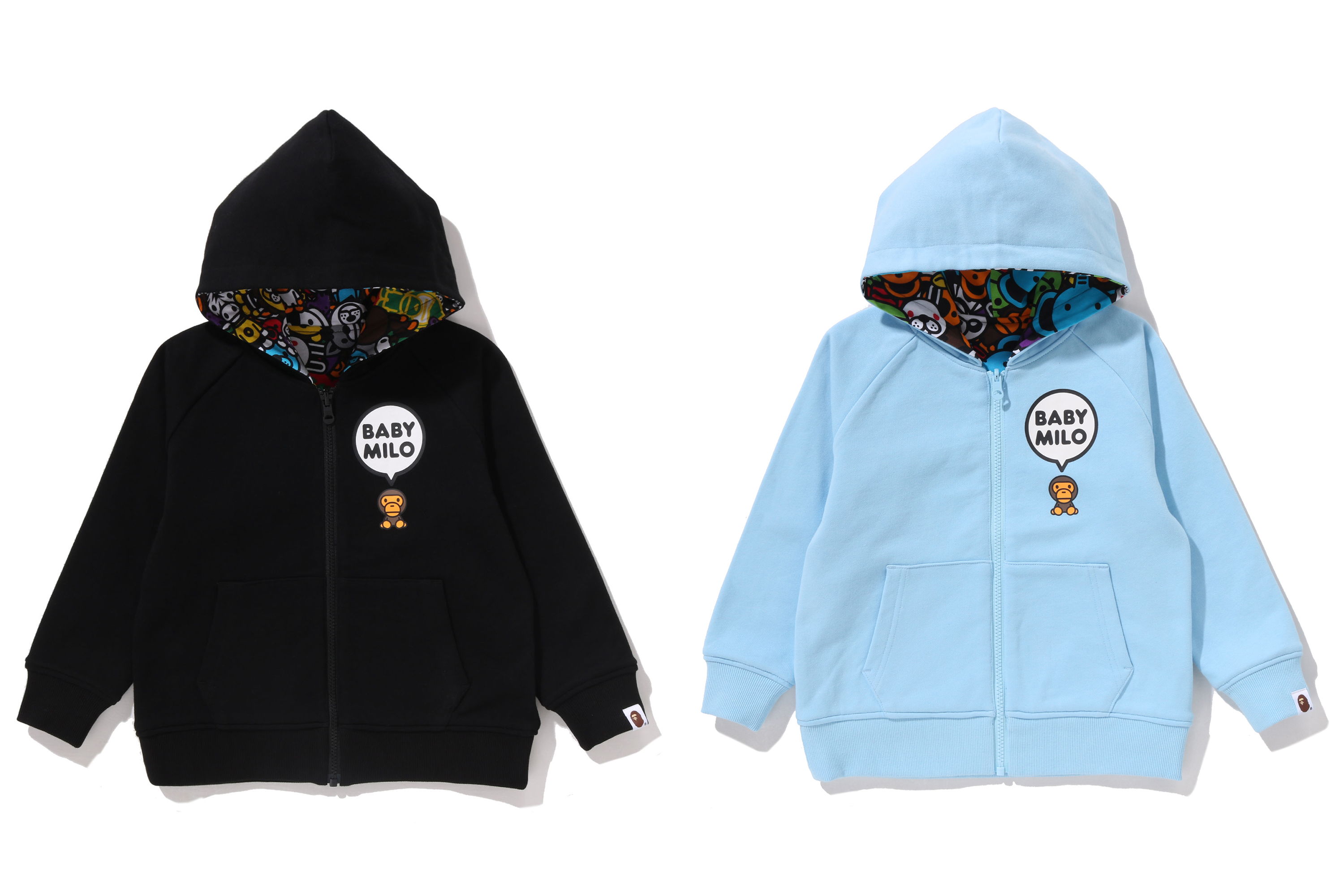 Two hooded jackets, one black and one light blue, displayed side by side.