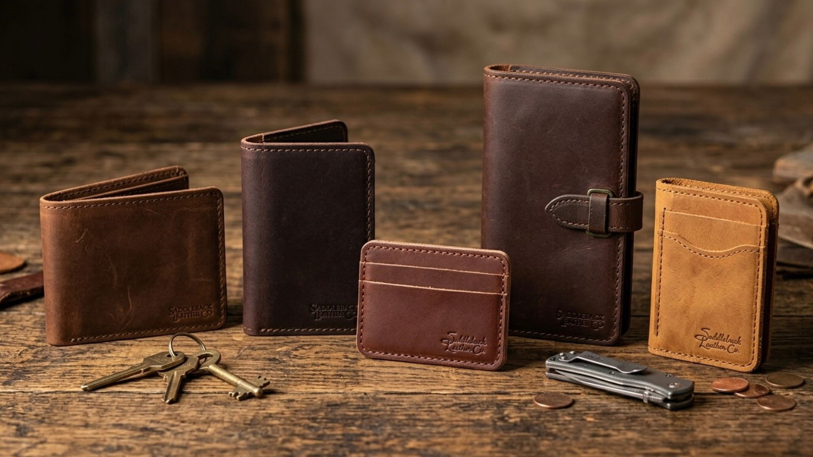 Five leather wallets and cardholders displayed on a wooden surface.