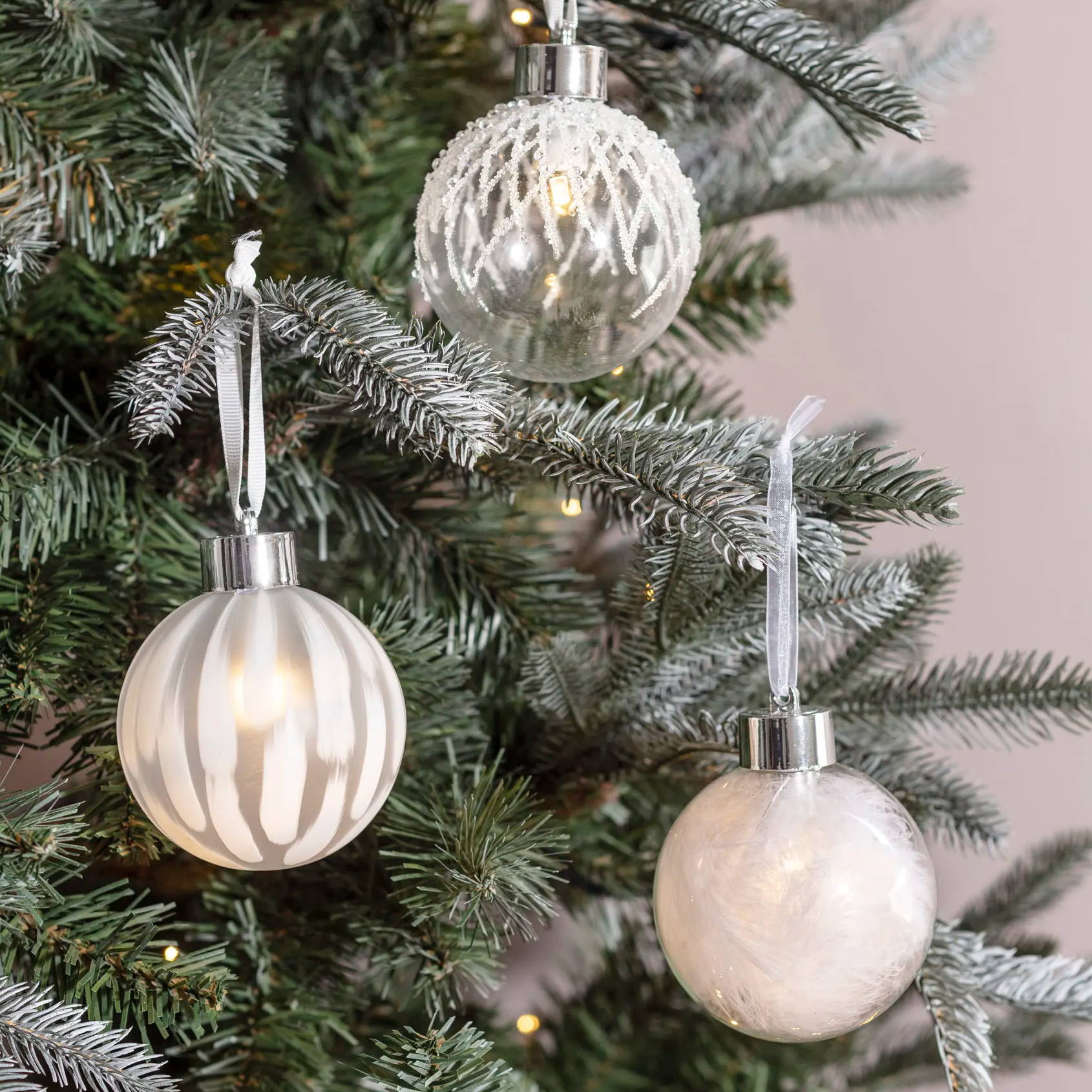 Winter Lake LED Christmas Bauble Trio featuring white feathers, beads and paint