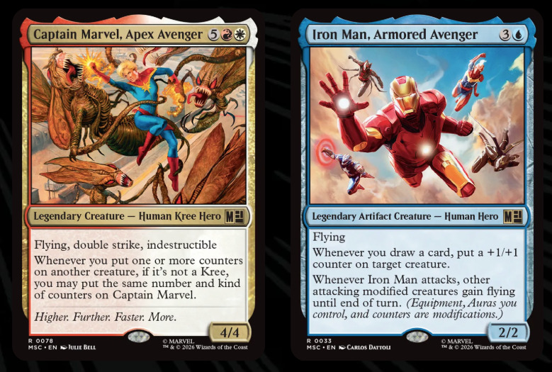 MTG Marvel Commander precons Two trading cards featuring Captain Marvel and Iron Man.