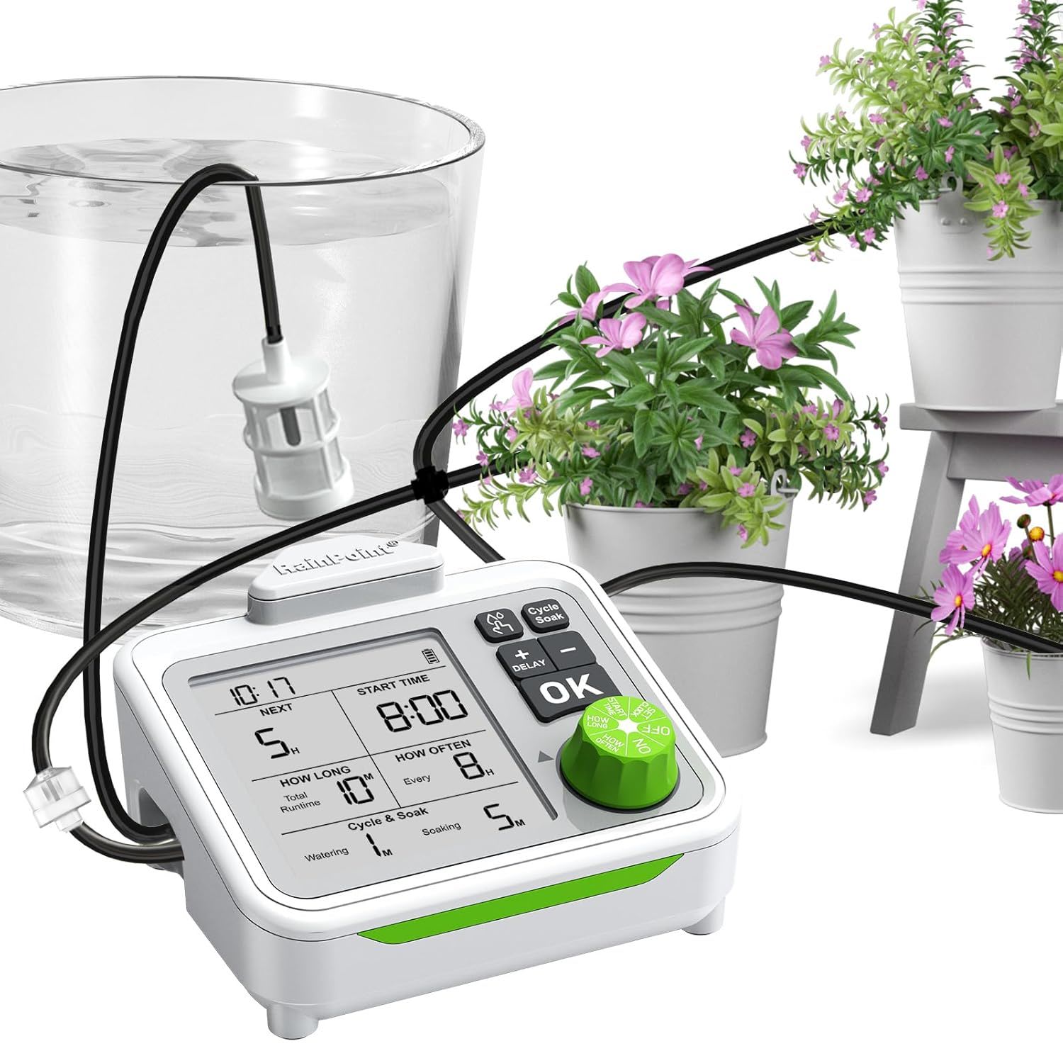 Automatic plant watering system with control panel, water reservoir, and potted flowers.