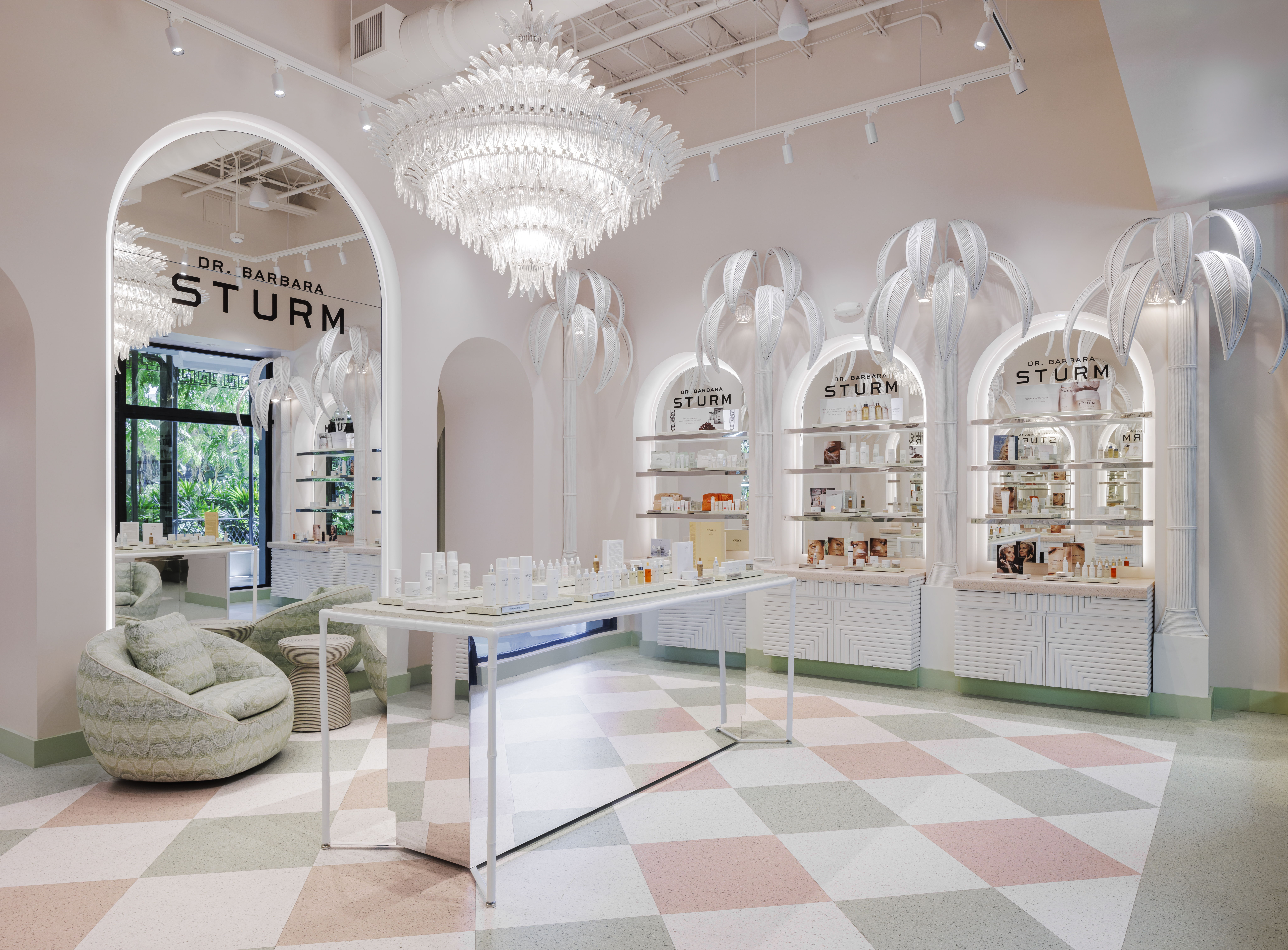Modern interior of a beauty store with elegant decor and display shelves.